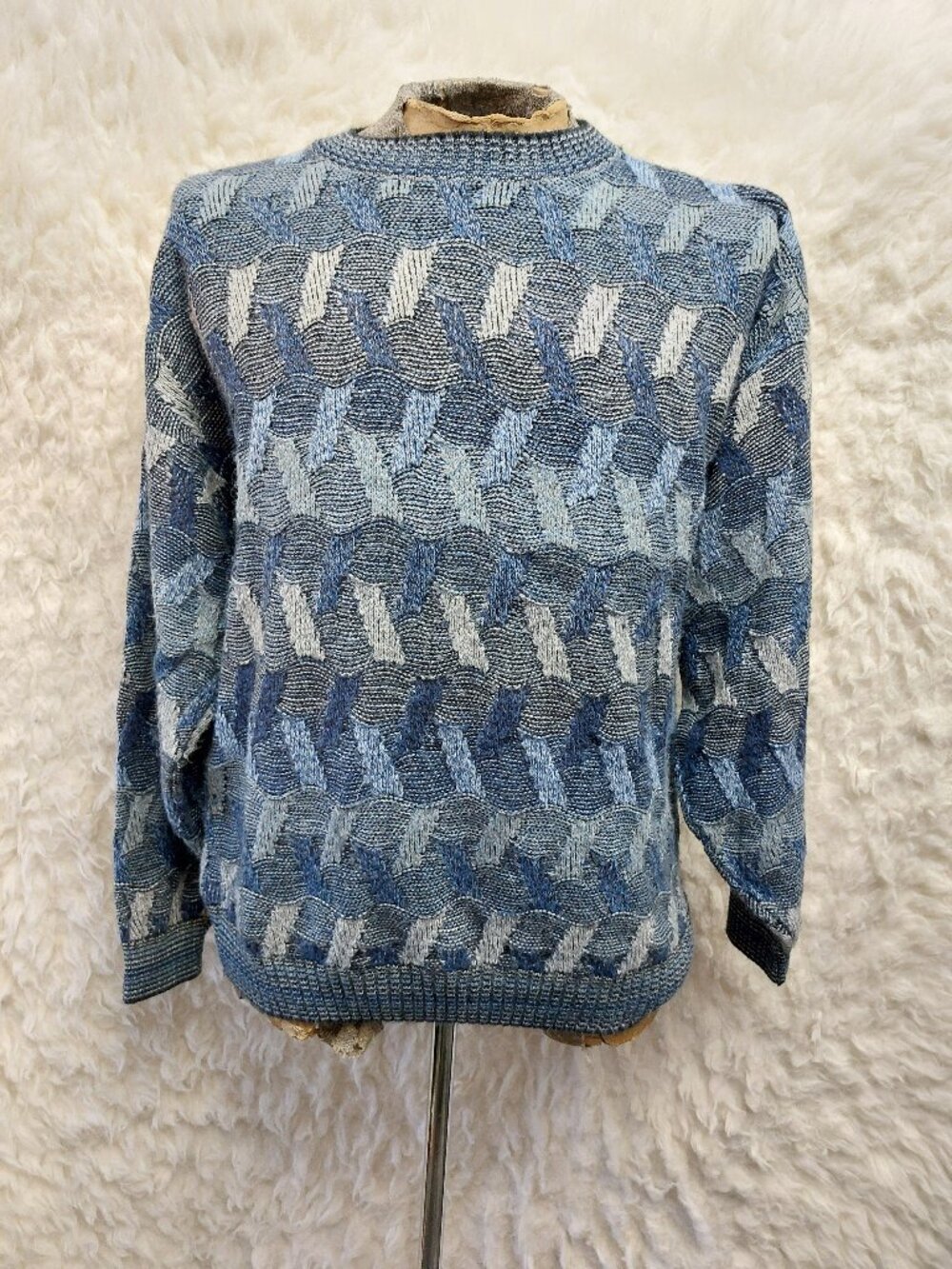 Vintage 90s Protege Men's Knit Crewneck Sweater Blue and Grey Geometric M